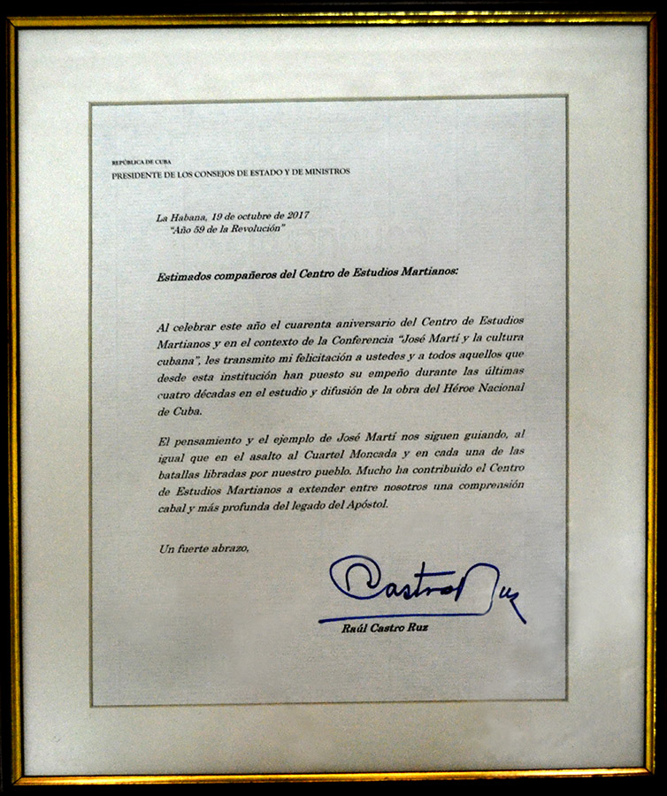 Envía Raúl Castro felicitación al Centro de Estudios Martianos