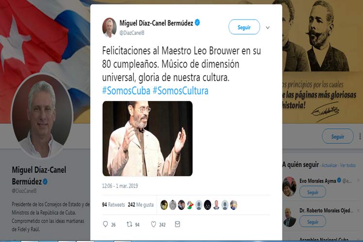 Presidente de Cuba felicita a músico Leo Brouwer en su cumpleaños